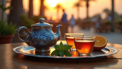 Ornate teapot pours amber liquid into glasses with mint leaf on metal tray. Orange slice sits nearby. Soft sunset light illuminates outdoor cafe setting. People relax in background.