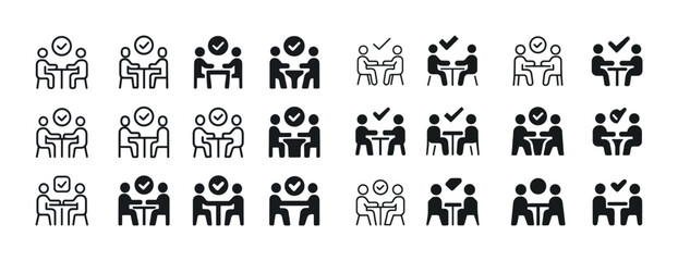 Obraz premium Set of business meeting and interview icons in black and white