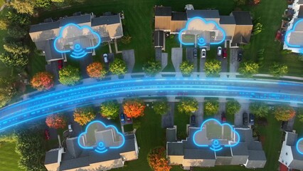 Aerial of American suburban houses with cloud computing, wireless symbols and fiber optic network animation