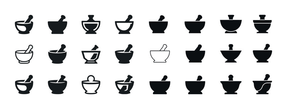 Collection of various mortar and pestle silhouettes in black and