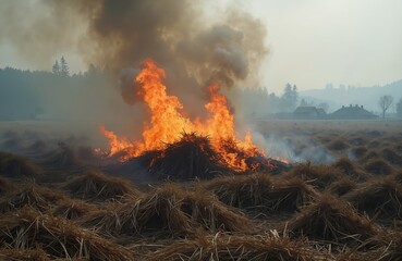 Dry grass and straw burn intensely on farm field creating thick grey smoke. Agricultural waste incineration causes air pollution and environmental damage. Rural landscape suffers from heat and smog.