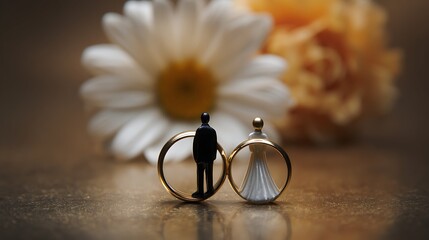 mini toys the bride and groom on wedding rings.