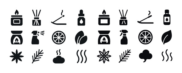 Aromatherapy icon set: candles, diffusers, essential oils, incen