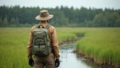 Man wearing hat, backpack explores green wetland with calm water channel. Person studies nature, researches ecosystem balance, observes flora fauna, collects data on terrain. Scientist walks in marsh.