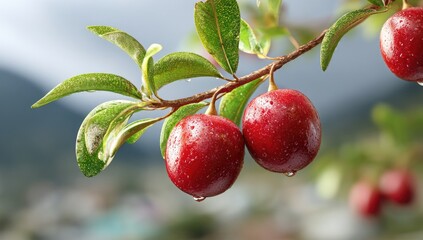 Shiny red berries hang from branch with dewy green leaves