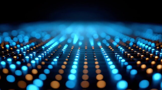 Abstract futuristic background of rows of illuminated light columns with bokeh effects. The image evokes a sense of technology and innovation