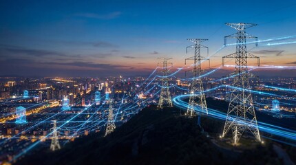 High voltage power transmission towers illuminating urban landscape at dusk electric infrastructure city view energy efficiency