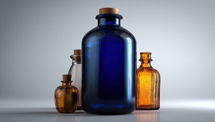 Bottles with corks in blue, brown, clear, still life