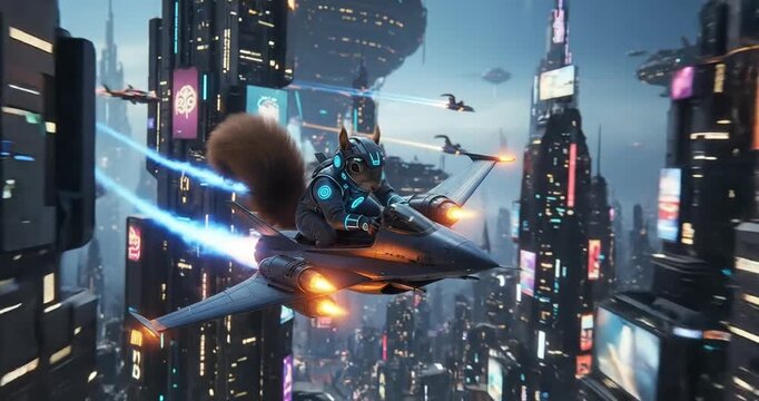 Futuristic squirrel pilot soaring through a neon-lit cityscape on a sleek jet, with flying vehicles