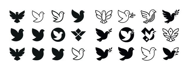 Collection of stylized dove and bird icons in various designs an