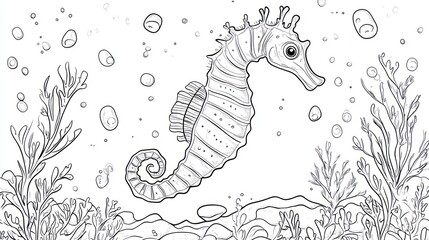 Underwater seahorse coloring page, marine life, bubbles
