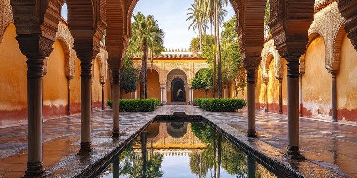 Patio de los arrayanes reflecting in the water of the alhambra palace
