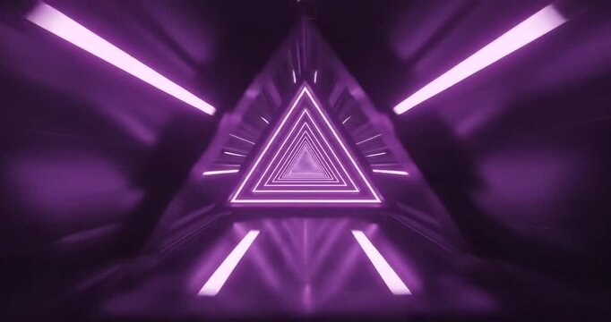 Futuristic tunnel with glowing purple triangles creating a mesmerizing visual effect
