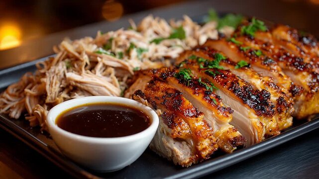 Savory pulled pork fills a handsome tray, paired with tender chicken, fresh herbs, and a side of rich barbecue sauce. Perfect for gatherings and food lovers alike at any time.