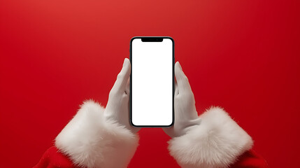 A Santa Claus costume-clad individual is shown with only their gloved hands visible, holding a modern smartphone vertically against a solid bright red backdrop.