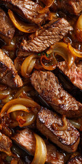Fototapeta premium Top View of Brazilian Boteco Style Filet Mignon Strips with Caramelized Onions