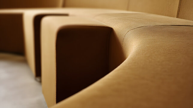 contrapositive. A minimalist, flowing arc of upholstered seating on a blurred neutral background. real-estate listings.