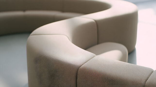 contrapositive. A minimalist, flowing arc of upholstered seating on a blurred neutral background. real-estate listings.