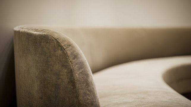contrapositive. A minimalist, flowing arc of upholstered seating on a blurred neutral background. real-estate listings.