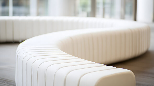 contrapositive. A minimalist, flowing arc of upholstered seating on a blurred neutral background. real-estate listings.
