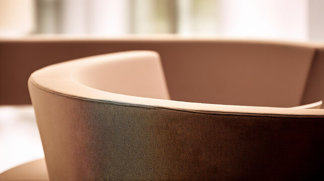 contrapositive. A minimalist, flowing arc of upholstered seating on a blurred neutral background. real-estate listings.
