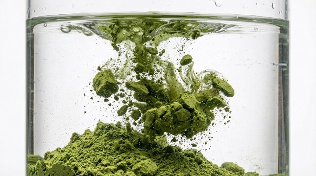 Green powder dissolving in water creating abstract healthy drink concept