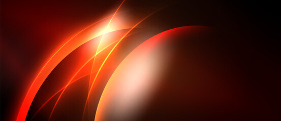 Abstract red design features curved lines, bright glow, dark background. Dynamic composition evokes energy, modern aesthetic.