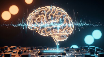 Glowing human brain circuit on abstract computing chip surrounded by digital wave patterns