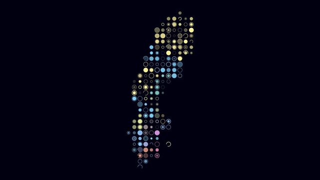 Sweden animation. Shape of the country with pulsating colored dots. Large size circle blocks. Digital style map on dark background. Amazing video.