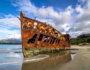 Rusty, abandoned ship wreck on a tranquil beach, under cloudy sky