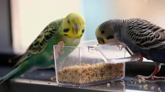 Natural light footage of two budgerigars eating from a food container on a window sill. Perfect for pet care, animal behavior, calm home lifestyle, and domestic bird stock content.