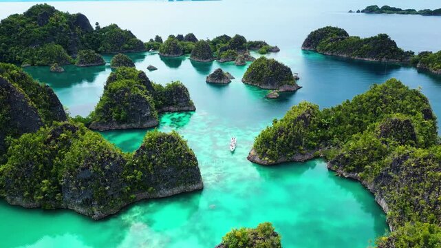 Raja Ampat, Indonesia: Aerial drone footage of the famous Piaynemo viewpoint plateform overlooking a stunning lagoon in the Fam islands in Raja Ampat in west Papua in Indonesia.