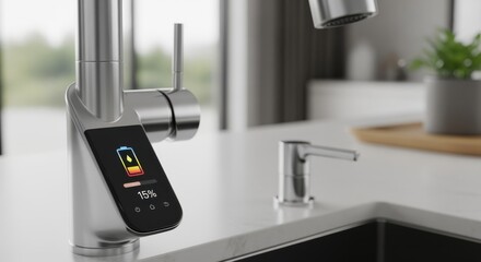 Dashboard display showing battery life status of a touchactivated faucet for timely power pack exchange.