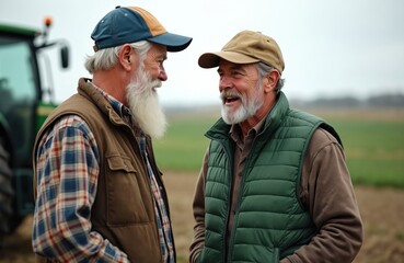 Obraz premium Two farmers with beards and caps talk in a field. A tractor is visible in background. Rural setting, agriculture concept, conversation between two men.