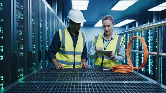 Two technicians inspect server racks in data center with tablet and fiber optic cable. Engineer and specialist discuss maintenance work in data center. Man and woman work together with safety equipmen