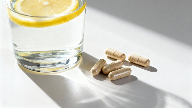 Dietary supplement capsules with lemon water in bright minimal light
