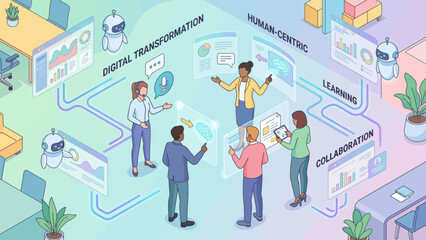 Diverse team collaborating on digital transformation and human-centric learning with AI assistants in a modern office setting.