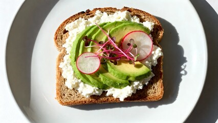 Avocado toast with cottage cheese and radish on white plate top view