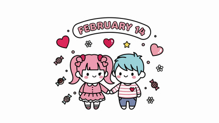 Fototapeta premium Adorable Chibi Characters Sharing Love on Valentine's Day February 14th