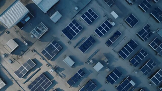 Building rooftop with rows of clean energy solar panels