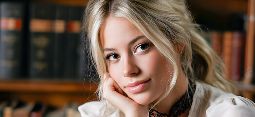 Young woman with blonde hair, resting her chin on her hand, gazes thoughtfully at the camera, surrounded by shelves filled with books, conveying a sense of curiosity and contemplation