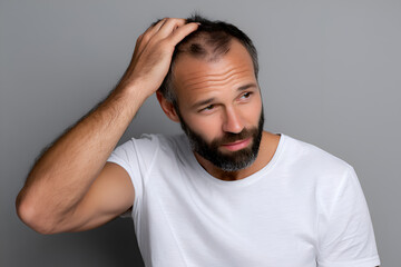 Bearded man with short hair wearing a white t-shirt is touching his head while looking thoughtfully at the camera, conveying a sense of contemplation and self-reflection
