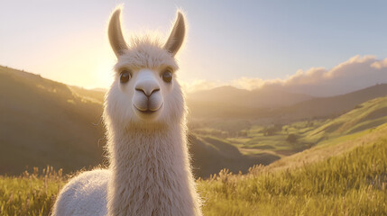 White llama standing in a lush green meadow, illuminated by warm sunlight, with rolling hills and a picturesque landscape in the background, showcasing natural beauty and tranquility
