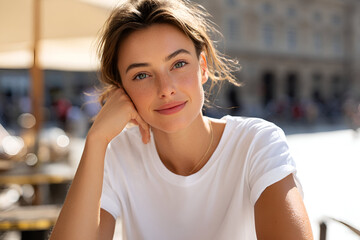 Young woman with natural beauty, sitting outdoors at a cafe, smiling softly while resting her chin on her hand, surrounded by a vibrant urban atmosphere and warm sunlight