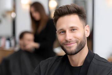 Male hairstylist with stylish haircut and beard, smiling confidently in a modern salon, with blurred background of clients receiving haircuts, showcasing professional atmosphere