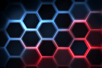 Abstract hexagonal pattern with glowing edges in blue and red tones, creating a modern digital background with depth and visual interest for technology and design applications
