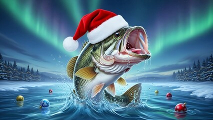Festive bass leaps in icy water with Christmas ornaments under aurora borealis.