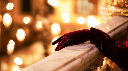 Elegant hand adorned with a luxurious red velvet glove rests on a marble railing, surrounded by soft glowing lights, creating a sophisticated and enchanting atmosphere