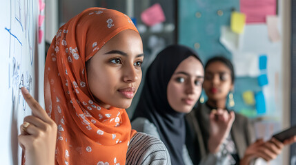 Young woman wearing an orange hijab is presenting ideas on a whiteboard in a modern office space, with engaged colleagues listening attentively in the background, showcasing teamwork and collaboration