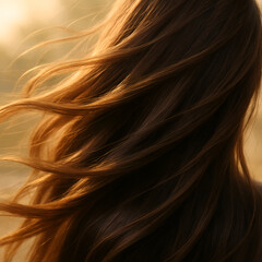 Long, flowing brown hair illuminated by soft sunlight, creating a warm and inviting atmosphere, showcasing natural beauty and elegance in a serene outdoor setting